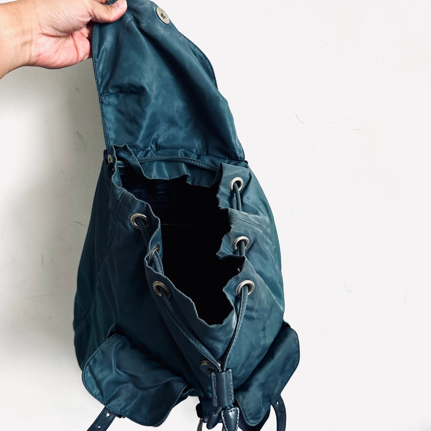 Prada Slate Blue Classic Logo Nylon & Leather Backpack Flap Drawstring Bag