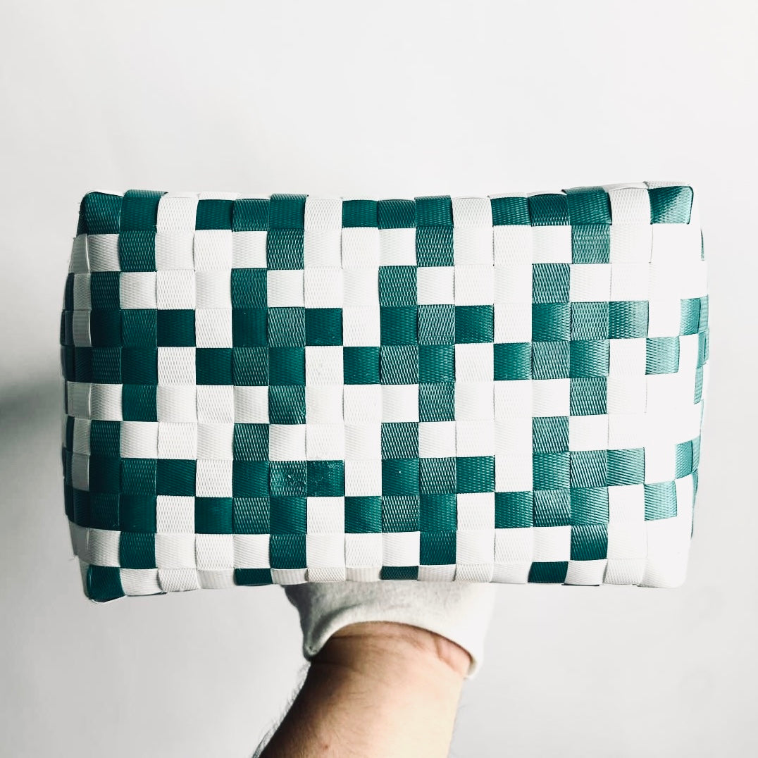 Marni Green / White Market Monogram Logo Interwoven Raffia / Leather Basket Bucket Tote Bag