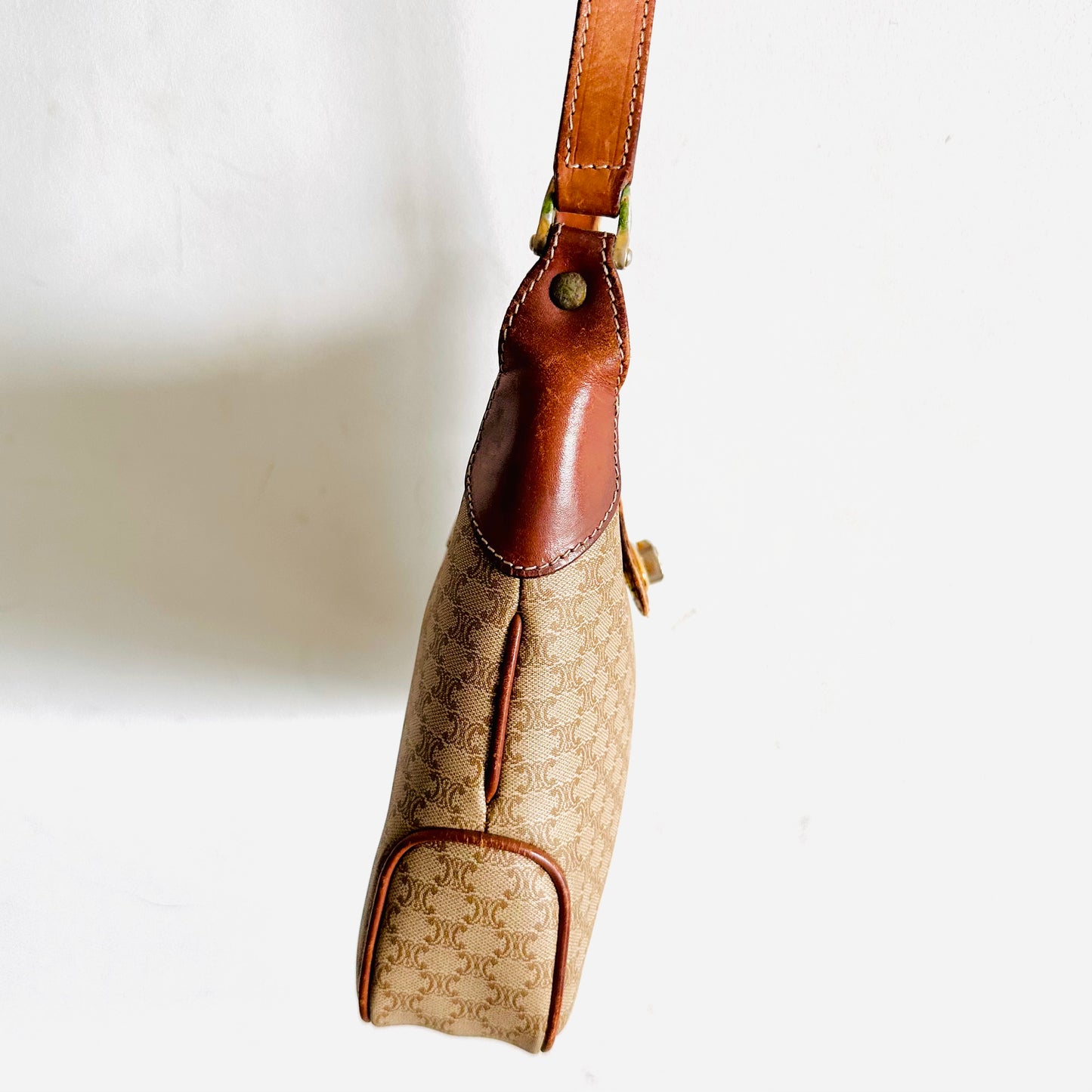 Celine Beige GHW Triomphe Macadam Monogram Logo Vintage Hobo Shoulder Sling Bag