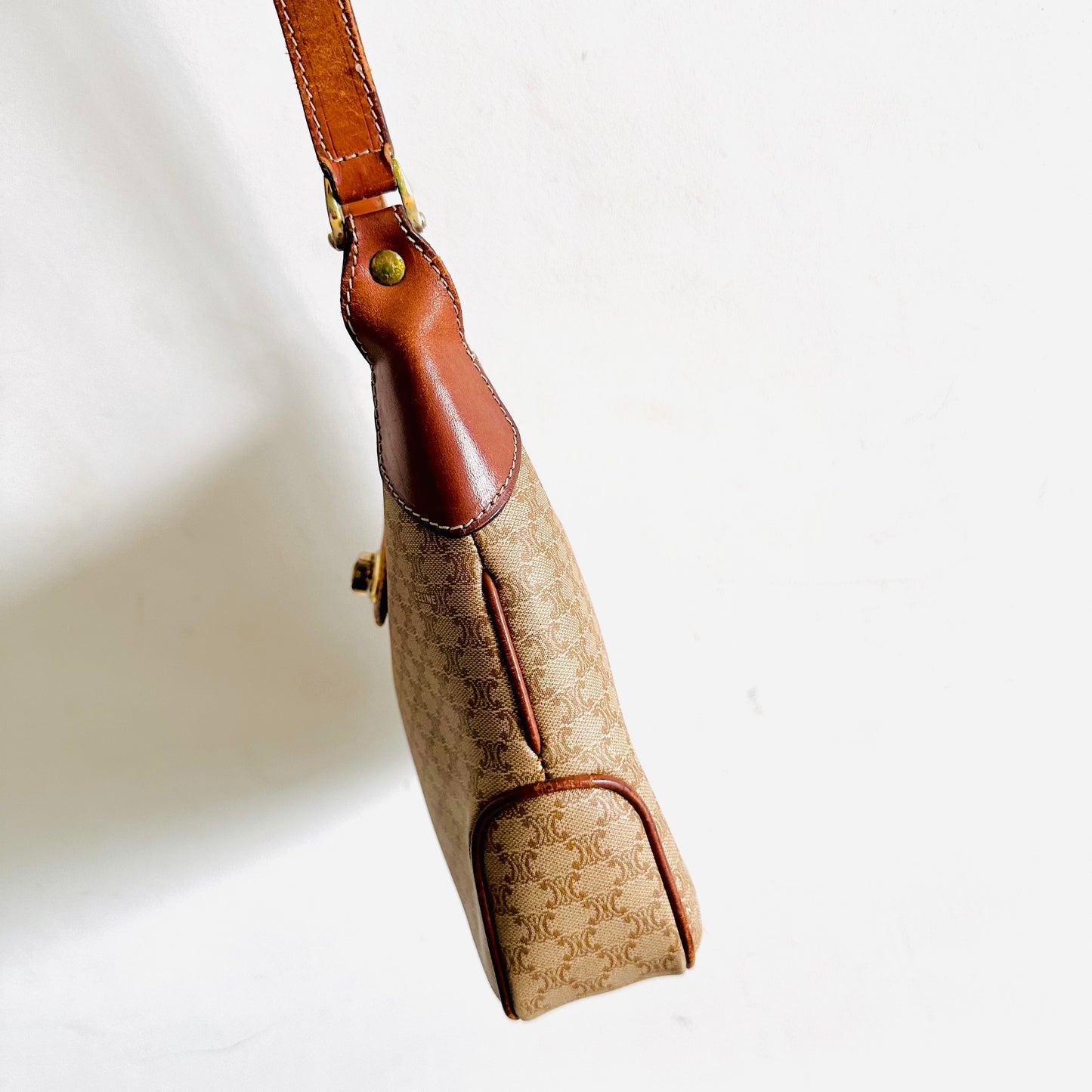 Celine Beige GHW Triomphe Macadam Monogram Logo Vintage Hobo Shoulder Sling Bag