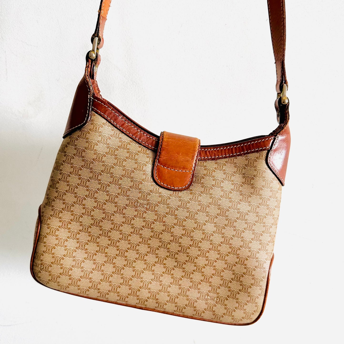 Celine Beige GHW Triomphe Macadam Monogram Logo Vintage Hobo Shoulder Sling Bag