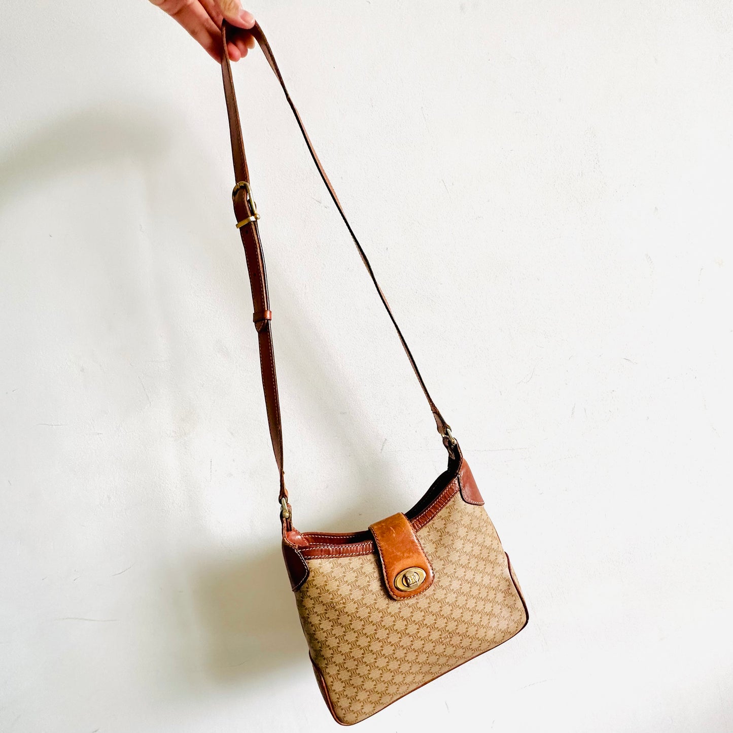 Celine Beige GHW Triomphe Macadam Monogram Logo Vintage Hobo Shoulder Sling Bag