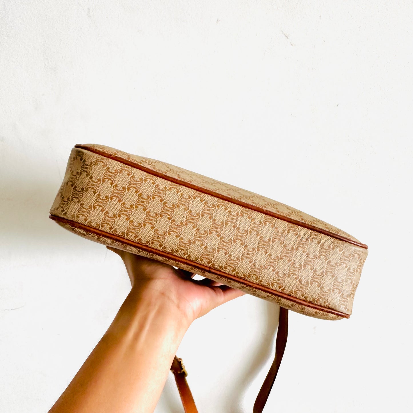 Celine Beige GHW Triomphe Macadam Monogram Logo Vintage Hobo Shoulder Sling Bag