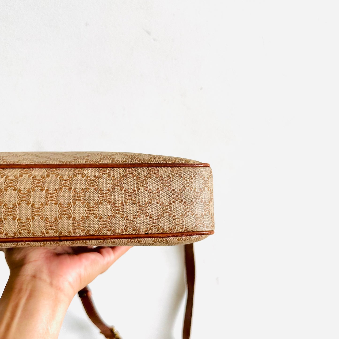Celine Beige GHW Triomphe Macadam Monogram Logo Vintage Hobo Shoulder Sling Bag
