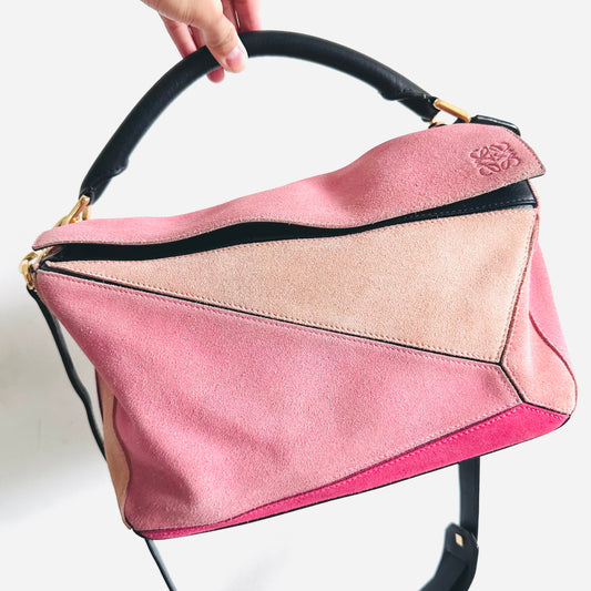 Loewe Pink / Black GHW Tricolour Medium Puzzle Suede & Soft Grained Calfskin Leather Anagram Logo Monogram 2-Way Top Handle Shoulder Sling Bag
