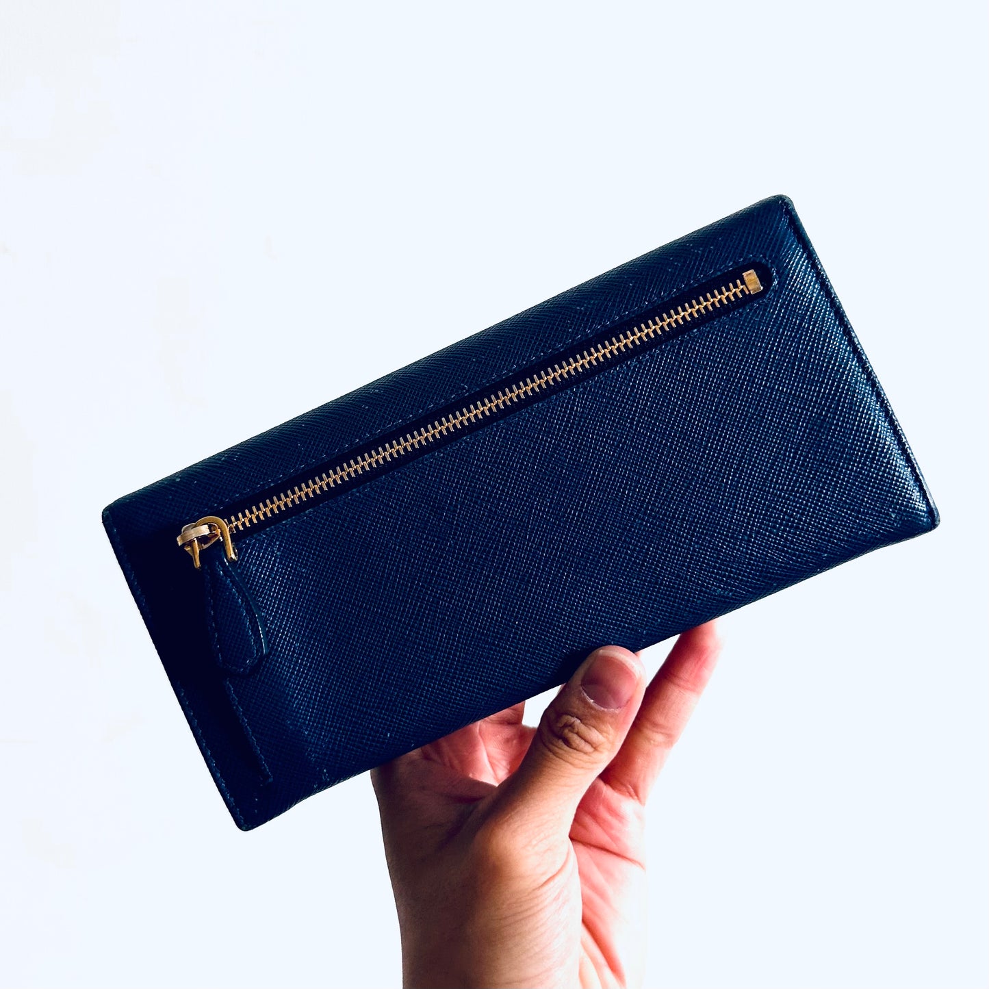 Prada Navy Blue GHW Saffiano Leather Monogram Logo Classic Continental Flap Long Wallet With Card Case