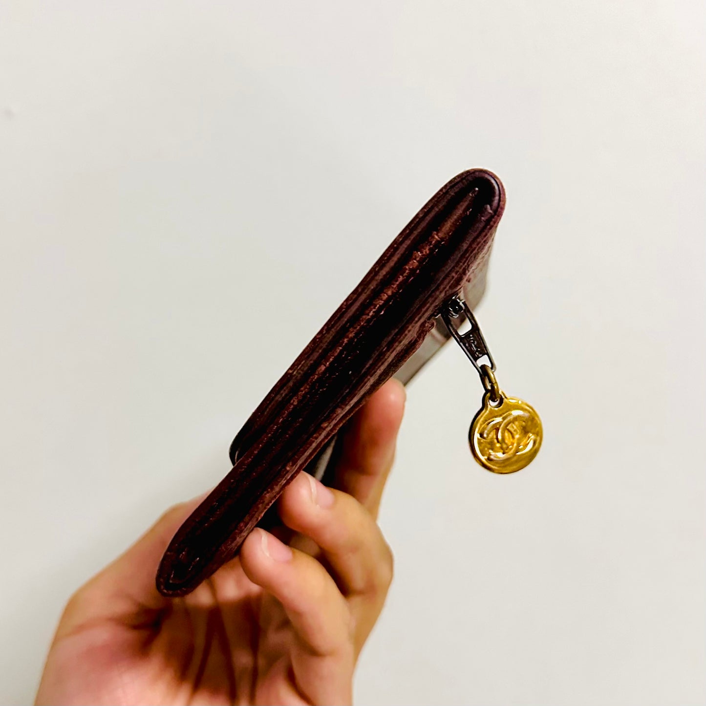 Chanel Maroon Red GHW Caviar Giant CC Logo Vintage Flap Compact Wallet 4s