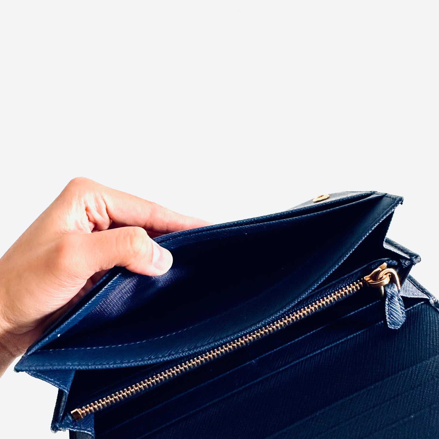 Prada Navy Blue GHW Saffiano Leather Monogram Logo Classic Continental Flap Long Wallet With Card Case