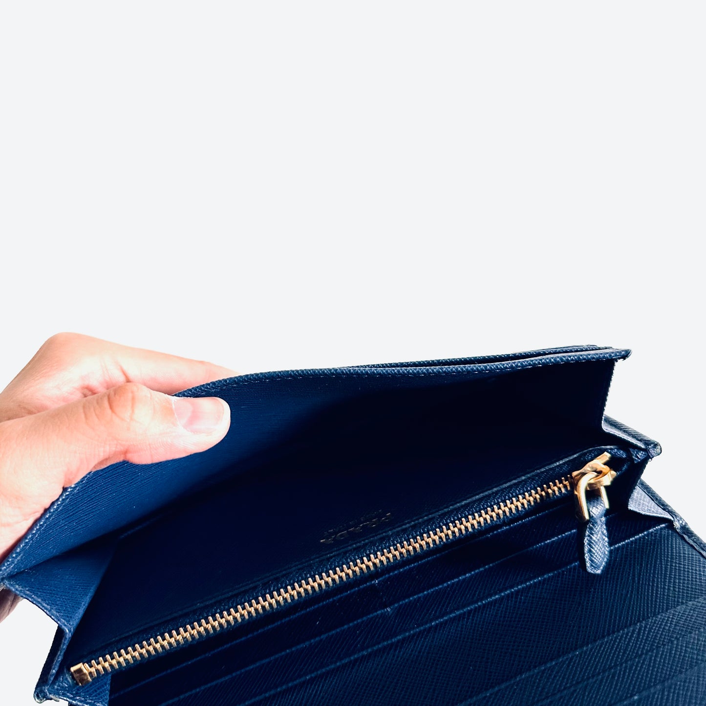 Prada Navy Blue GHW Saffiano Leather Monogram Logo Classic Continental Flap Long Wallet With Card Case