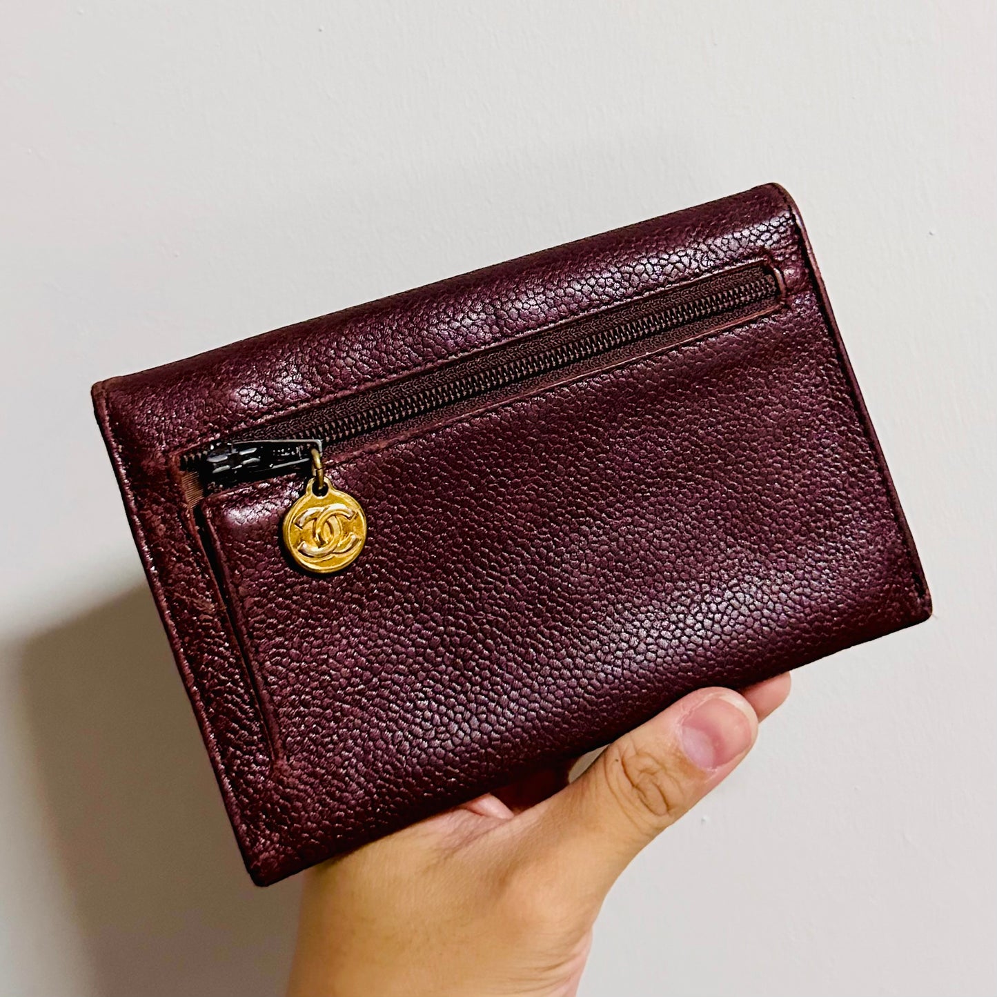 Chanel Maroon Red GHW Caviar Giant CC Logo Vintage Flap Compact Wallet 4s