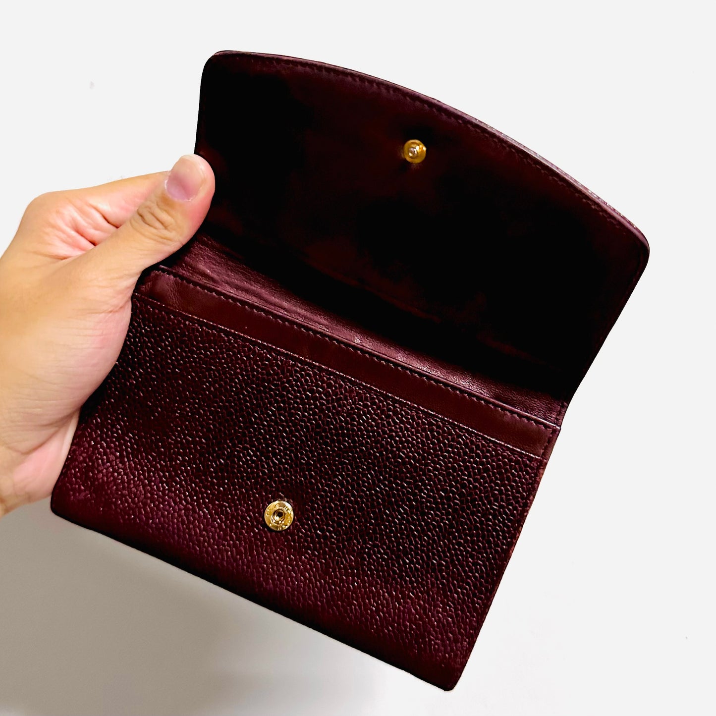 Chanel Maroon Red GHW Caviar Giant CC Logo Vintage Flap Compact Wallet 4s