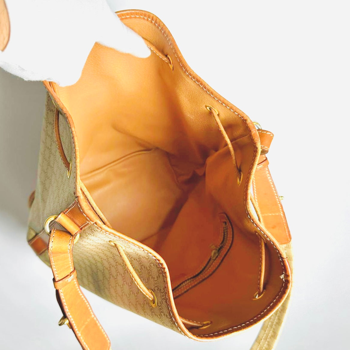 Celine Beige GHW Triomphe Macadam Monogram Logo Vintage Drawstring Bucket Shoulder Sling Bag