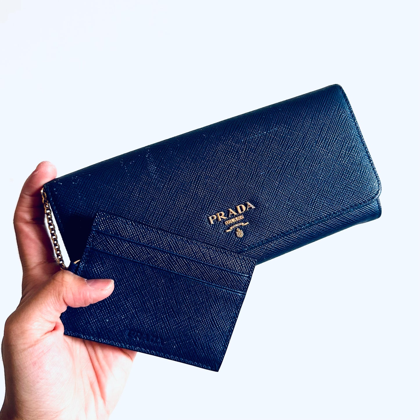 Prada Navy Blue GHW Saffiano Leather Monogram Logo Classic Continental Flap Long Wallet With Card Case