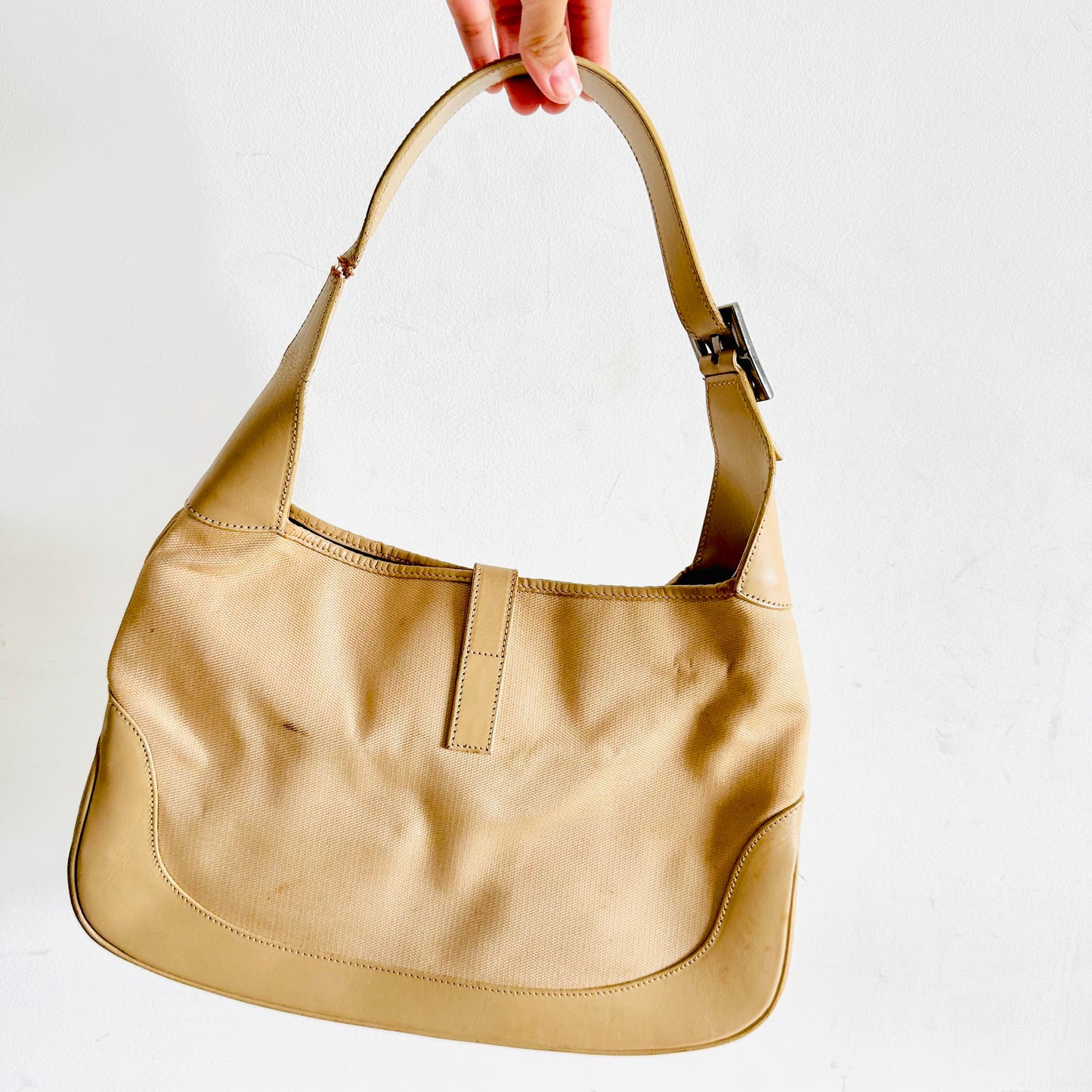 Gucci Jackie Beige Monogram Logo Fabric & Leather Hobo Baguette Shoulder Bag