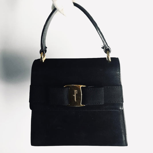 Salvatore Ferragamo Vara Black GHW Suede 2-Way Shoulder Sling Top Handle Kelly Bag