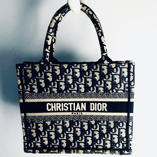 Christian Dior CD Navy Blue & Ecru Quilted Jacquard Embroidery Oblique Monogram Logo New Small Book Tote Bag