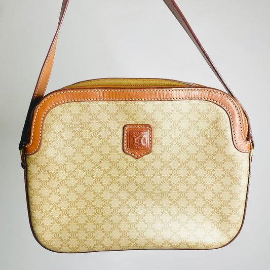 Celine Beige Triomphe Macadam Monogram Logo GHW Zip Camera Shoulder Sling Bag