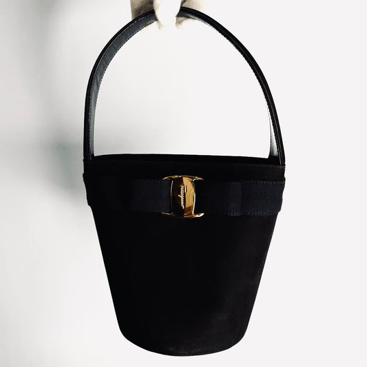 Salvatore Ferragamo Vara Bow Black GHW Monogram Logo Suede Bucket Top Handle Bag