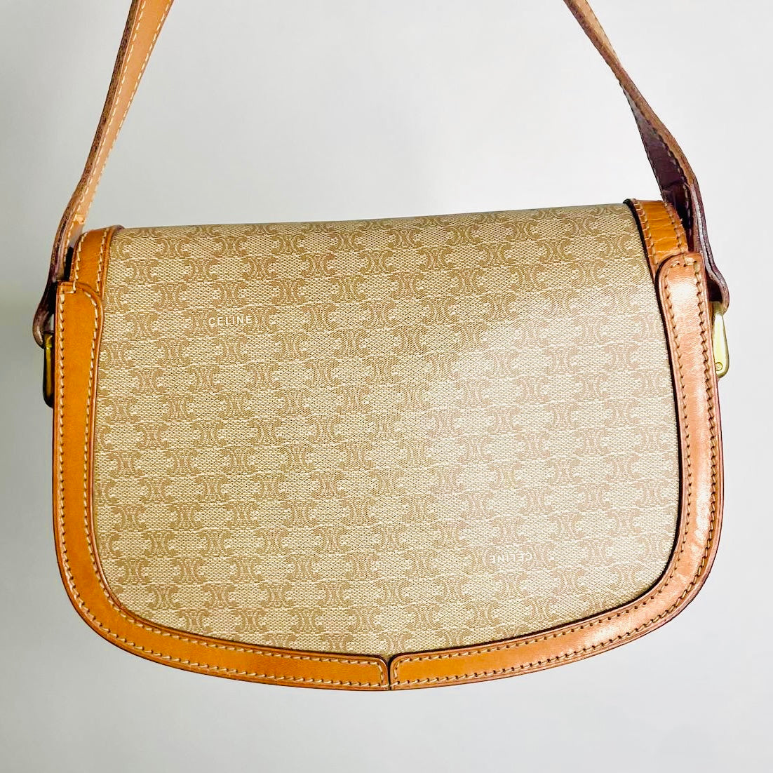 Celine Beige Triomphe Macadam Monogram Logo GHW Vintage Flap Shoulder Sling Bag