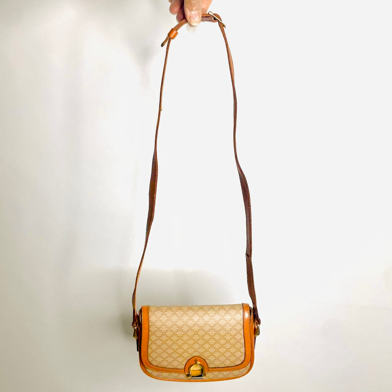 Celine Beige Triomphe Macadam Monogram Logo GHW Vintage Flap Shoulder Sling Bag