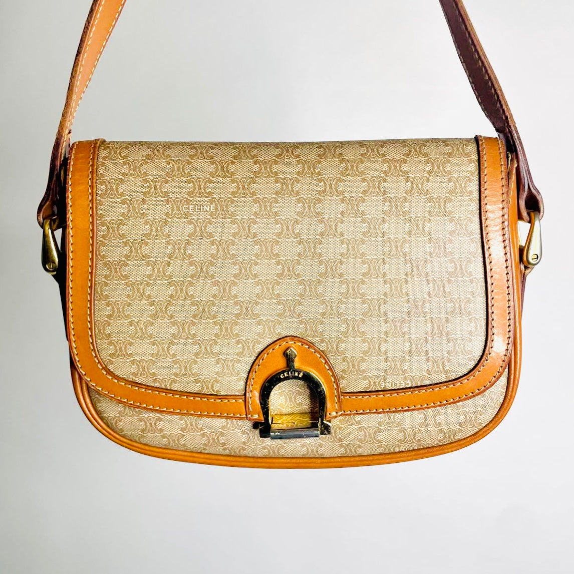 Celine Beige Triomphe Macadam Monogram Logo GHW Vintage Flap Shoulder Sling Bag
