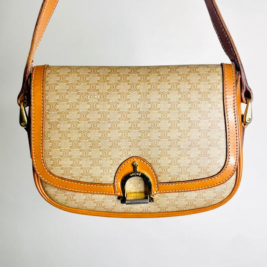 Celine Beige Triomphe Macadam Monogram Logo GHW Vintage Flap Shoulder Sling Bag