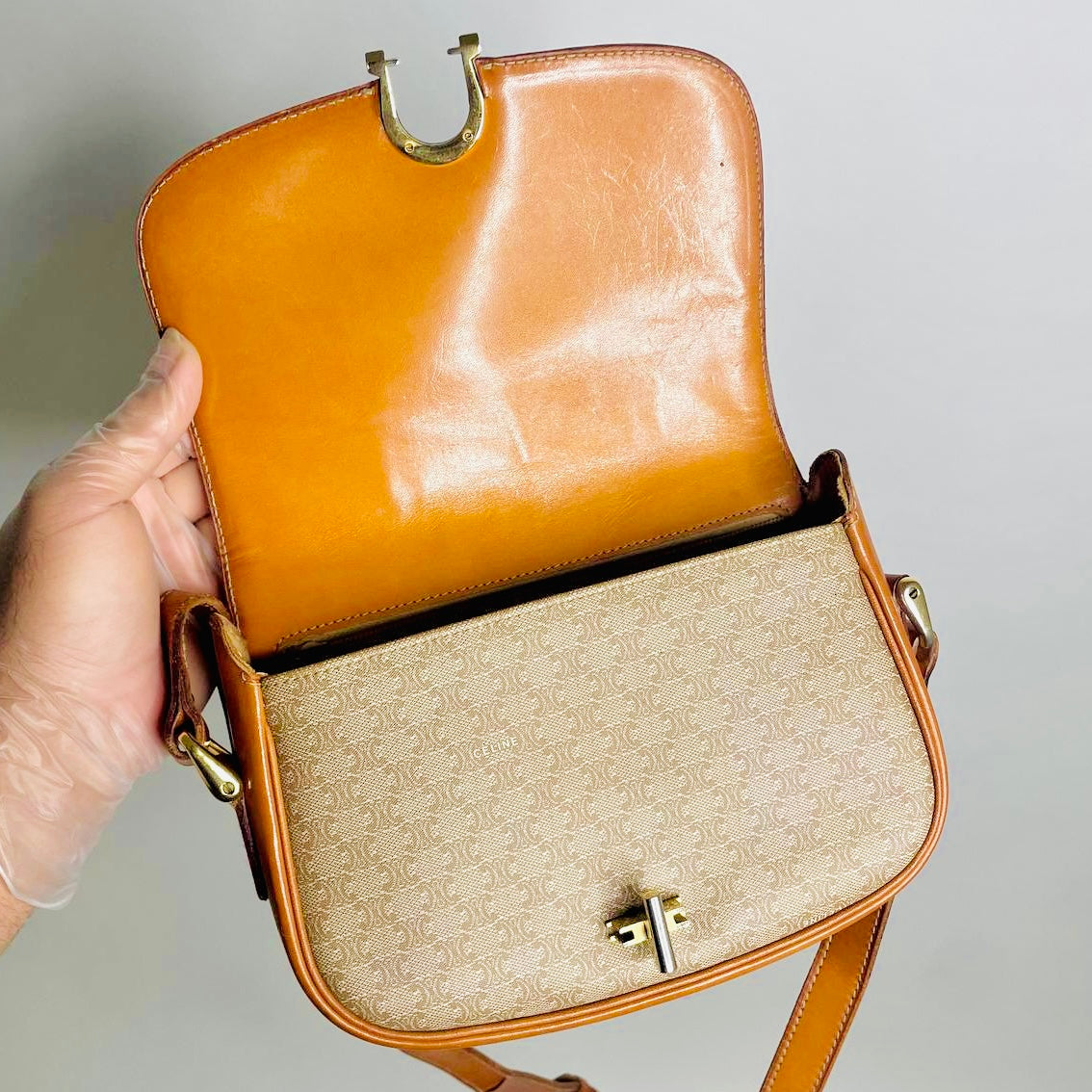 Celine Beige Triomphe Macadam Monogram Logo GHW Vintage Flap Shoulder Sling Bag