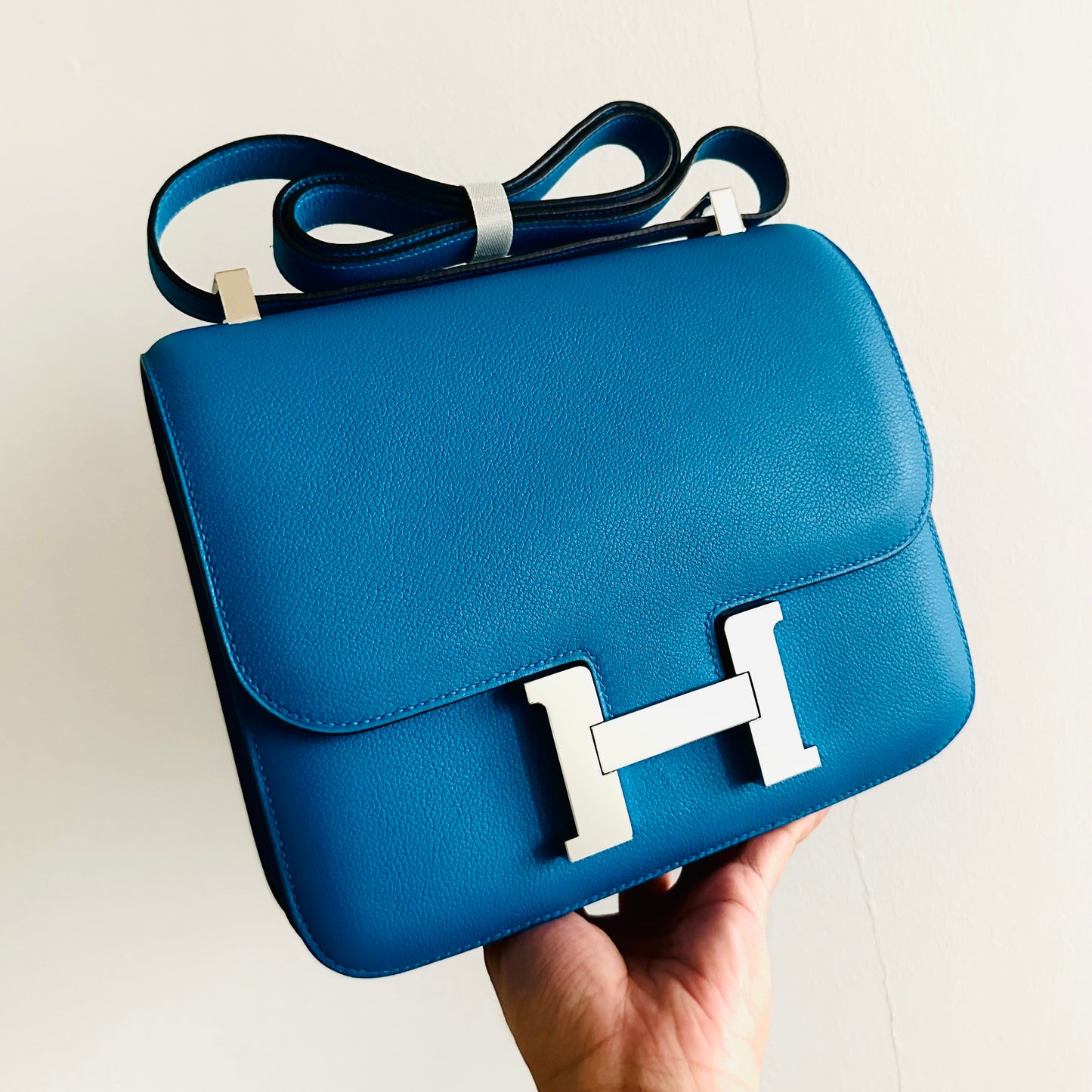 Hermes Constance 24 Blue Bleu Zanzibar In Evercolor Leather Palladium Hardware 2-Way Shoulder Sling Flap Bag