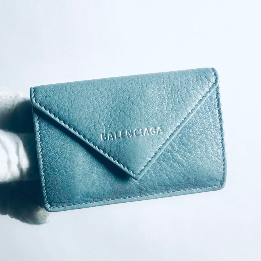 Balenciaga Blue Leather Papier Classic Motif Monogram Logo Flap Trifold Compact Wallet