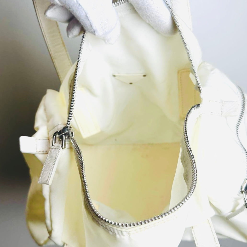 Prada White Tessuto / Leather Monogram Logo Nylon Shopper Shoulder Boston Tote Bag