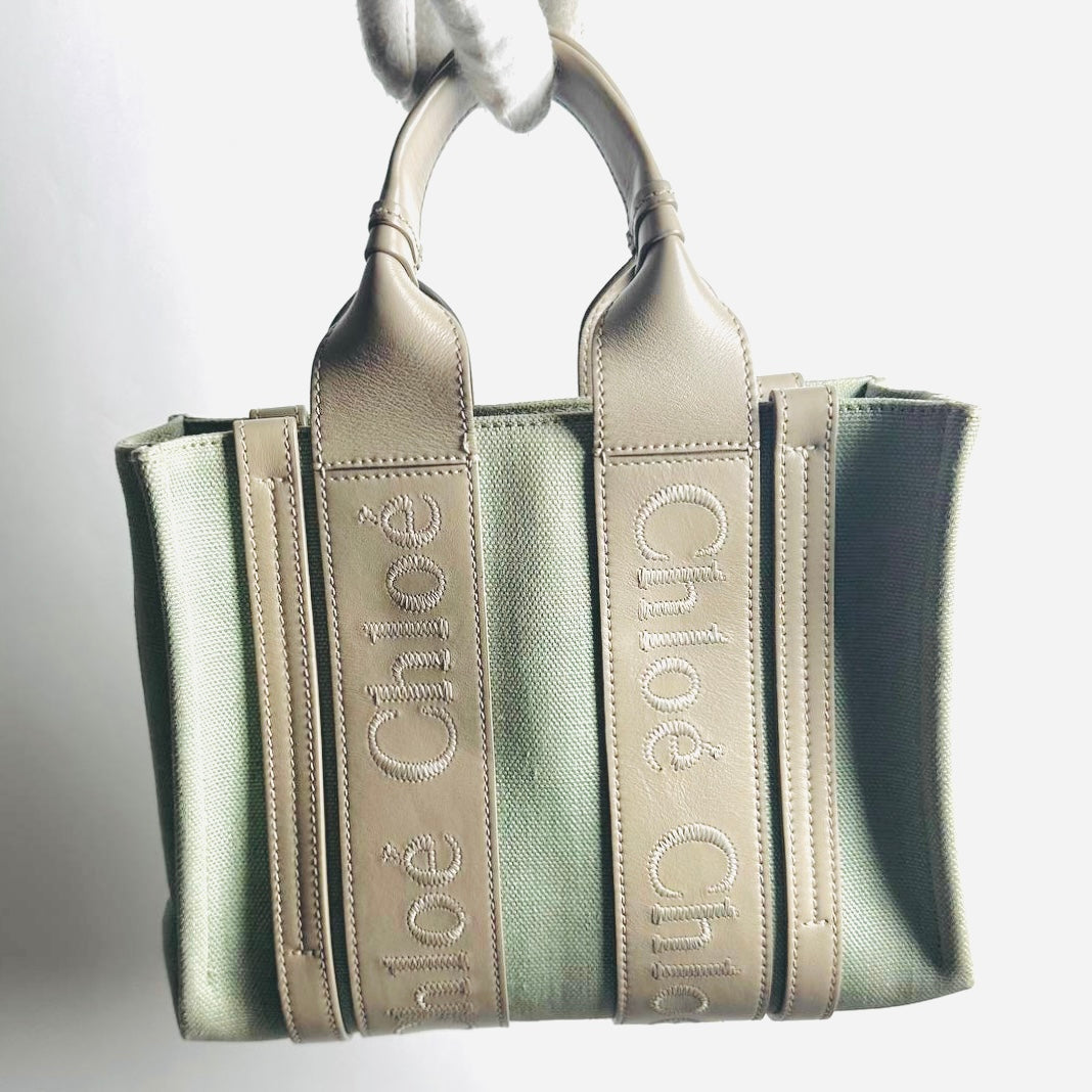 Chloe Woody Sage Green Monogram Logo 2-Way Small Shopper Shoulder Sling Tote Bag