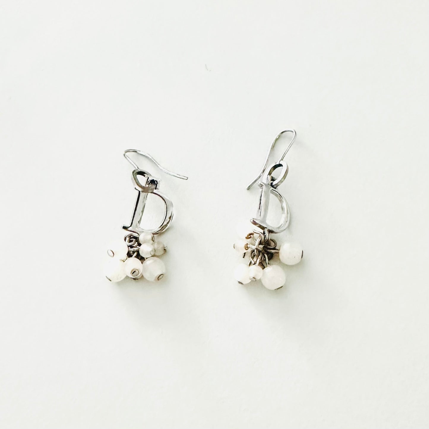 Christian Dior CD Signature Monogram Logo Dainty Classic Silver & Beads Dangling Vintage Earrings