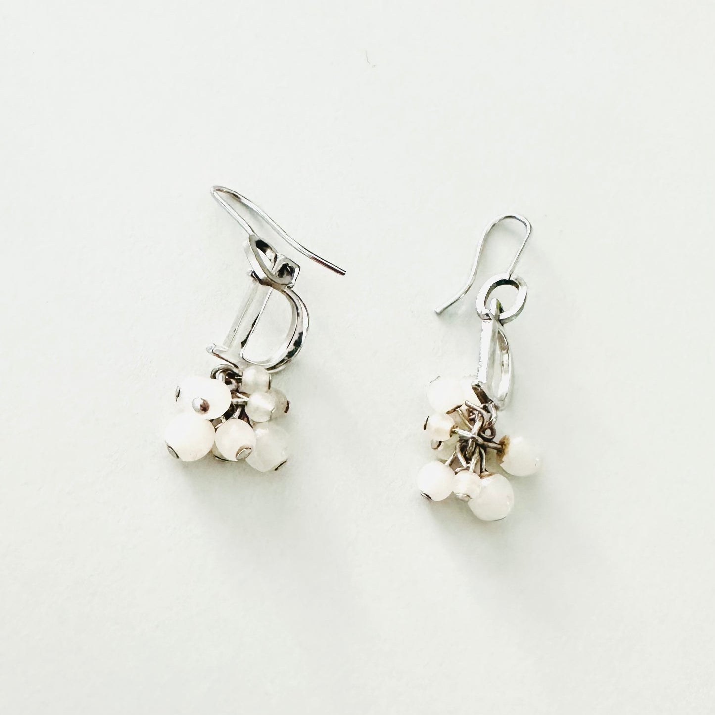 Christian Dior CD Signature Monogram Logo Dainty Classic Silver & Beads Dangling Vintage Earrings