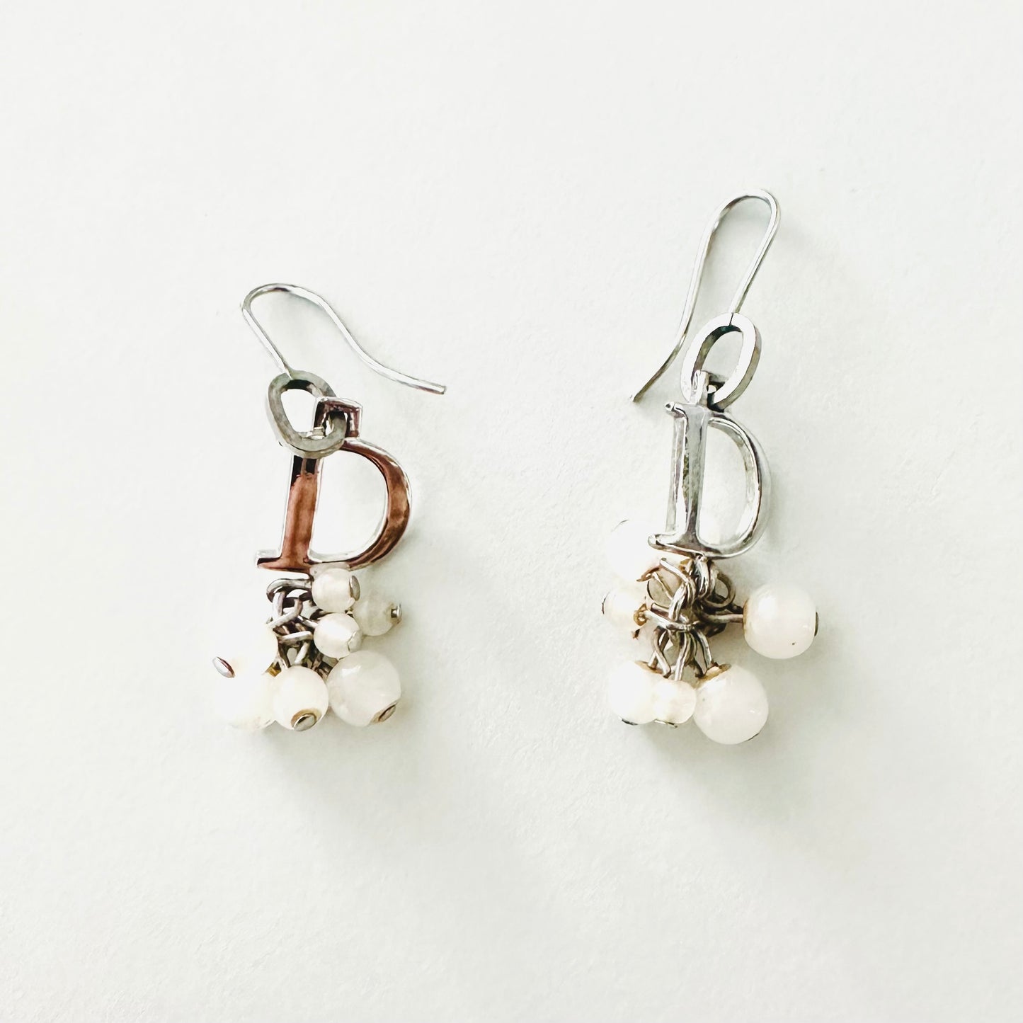 Christian Dior CD Signature Monogram Logo Dainty Classic Silver & Beads Dangling Vintage Earrings