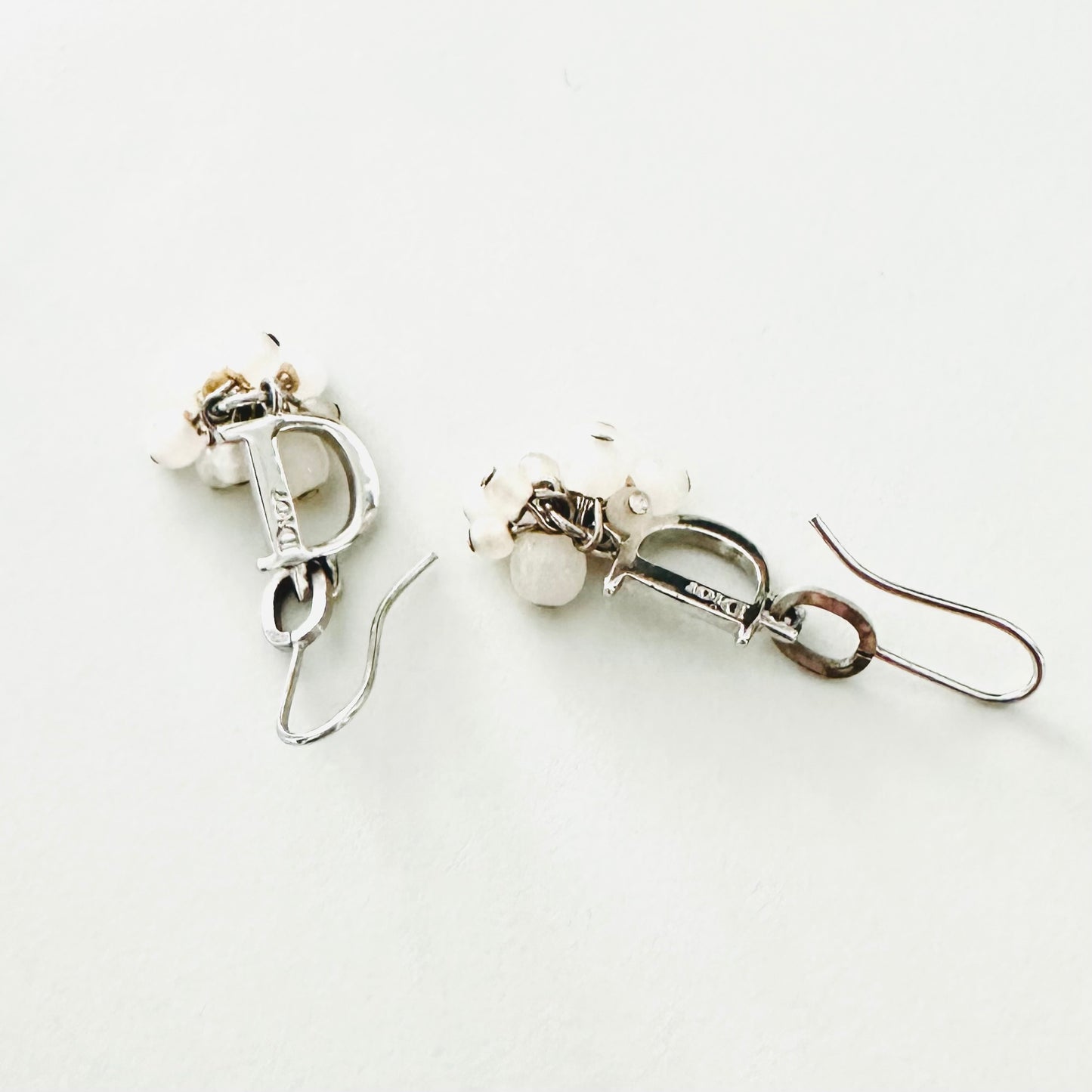 Christian Dior CD Signature Monogram Logo Dainty Classic Silver & Beads Dangling Vintage Earrings