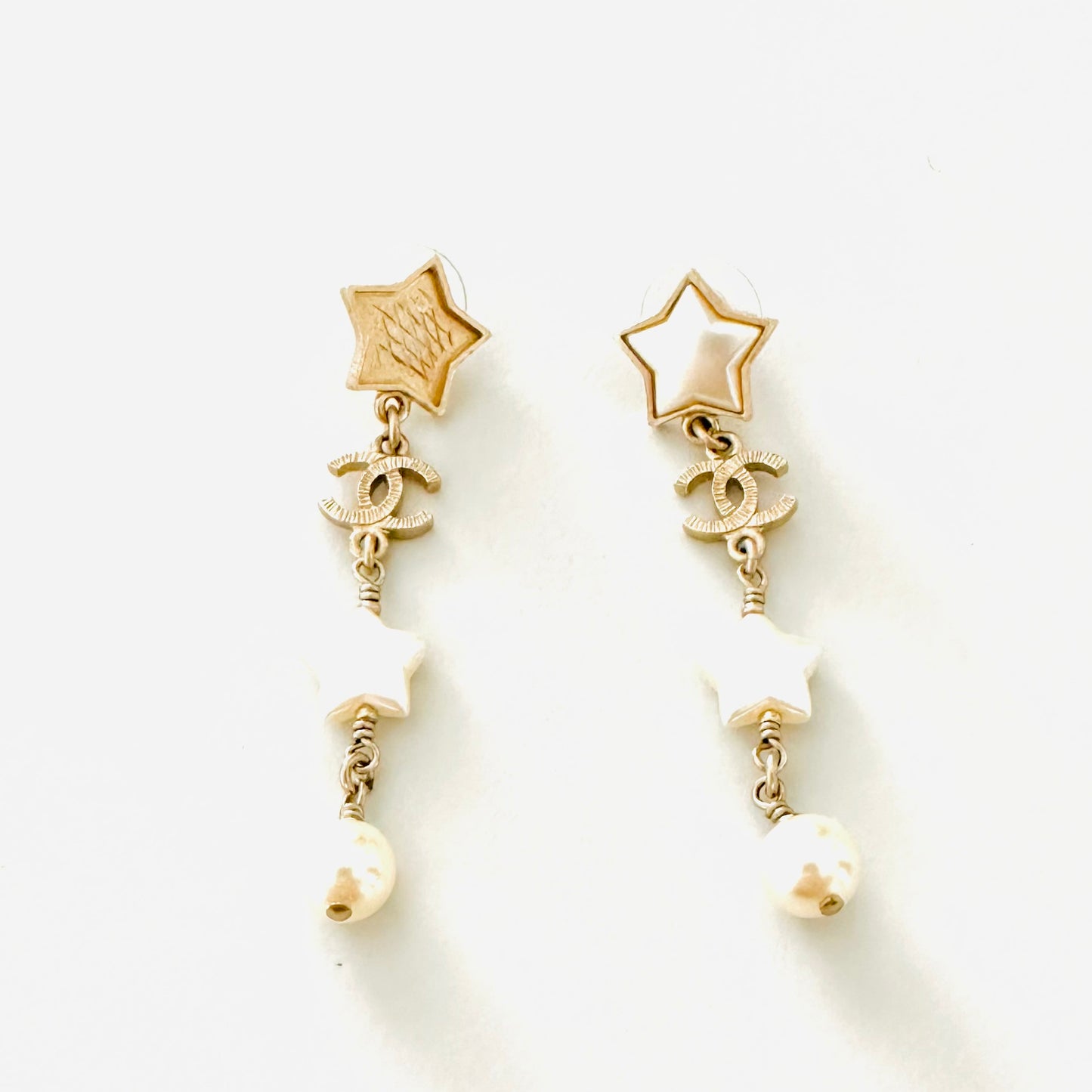 Chanel CC Signature Monogram Logo Classic Gold Star & Pearls Dangling Stud Vintage Earrings
