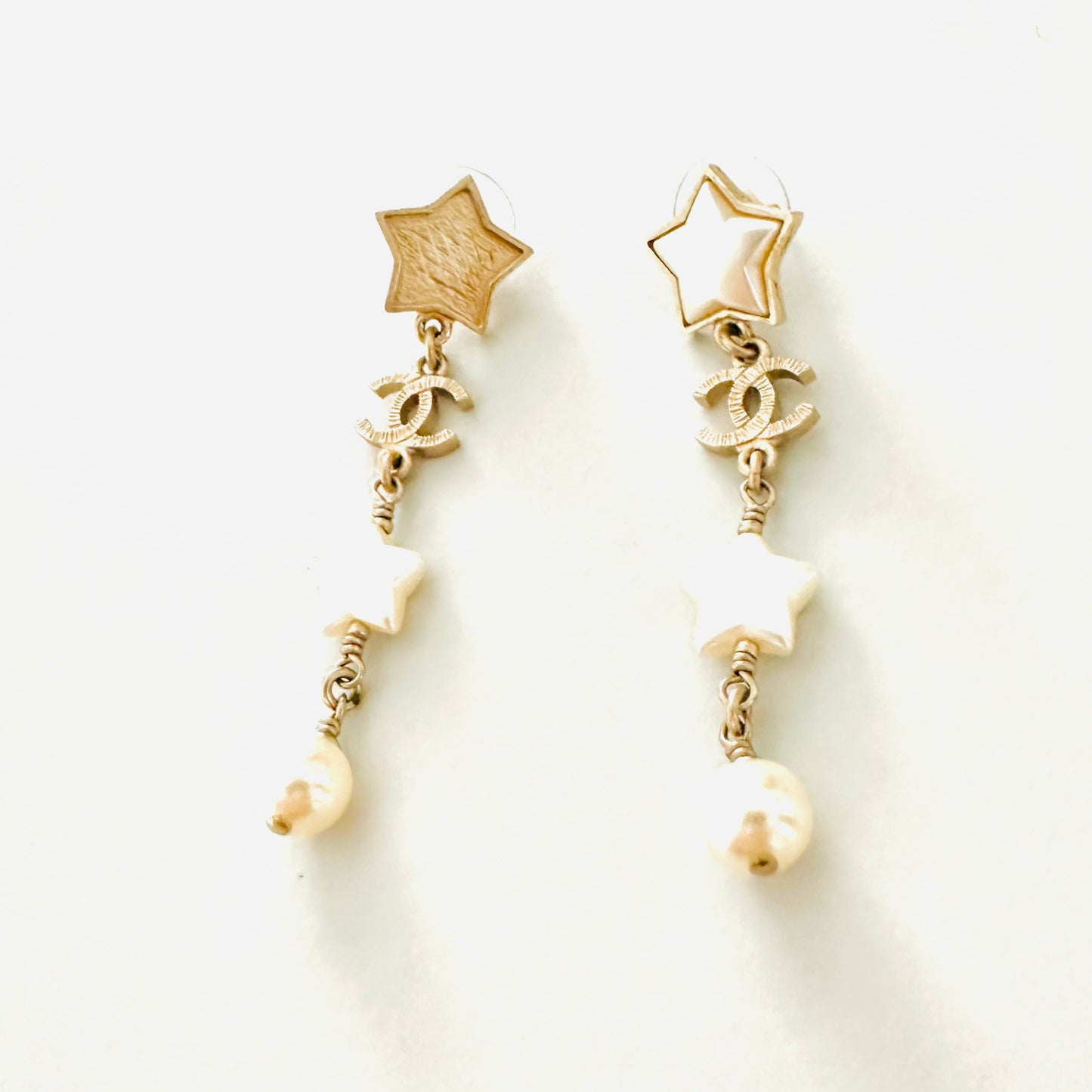 Chanel CC Signature Monogram Logo Classic Gold Star & Pearls Dangling Stud Vintage Earrings