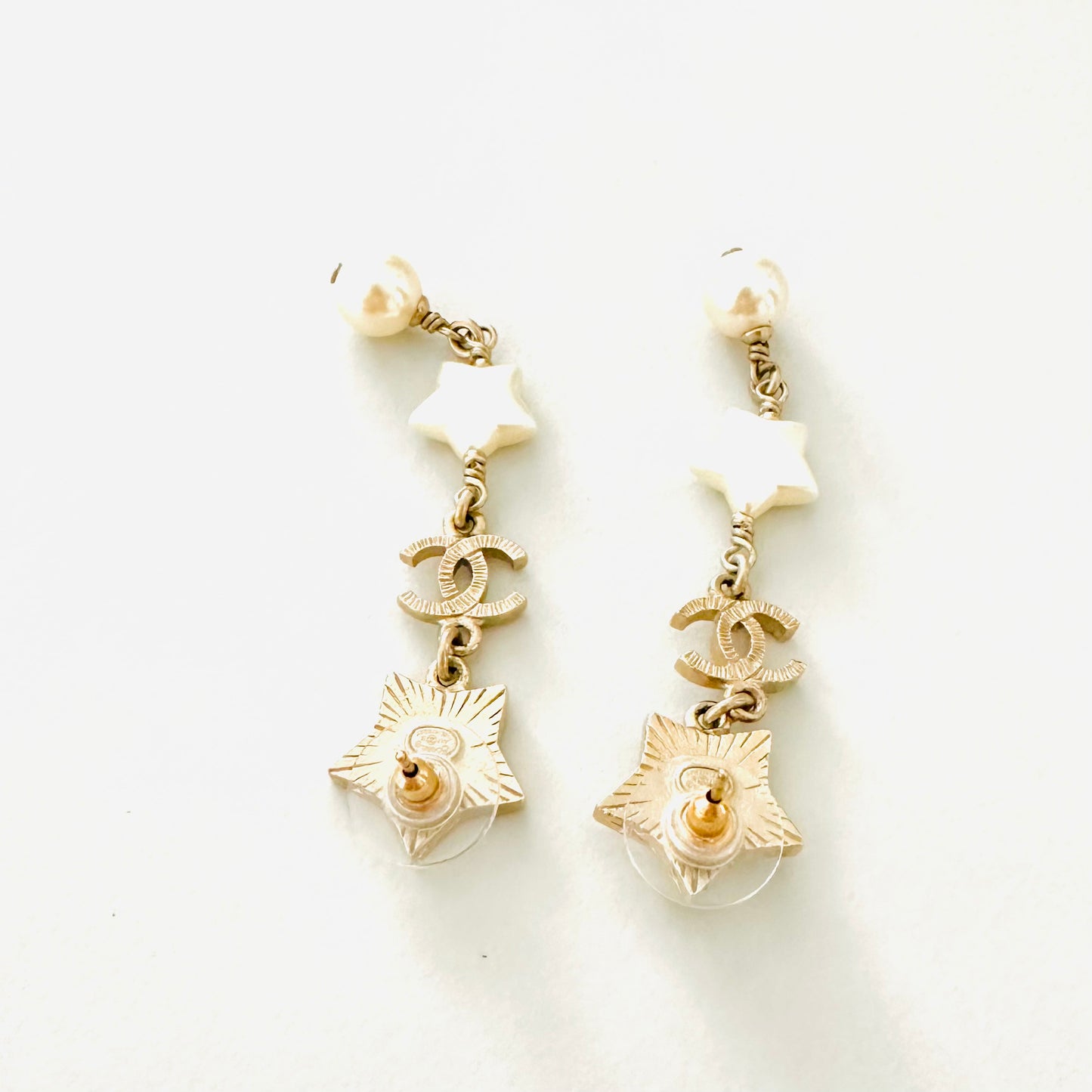 Chanel CC Signature Monogram Logo Classic Gold Star & Pearls Dangling Stud Vintage Earrings