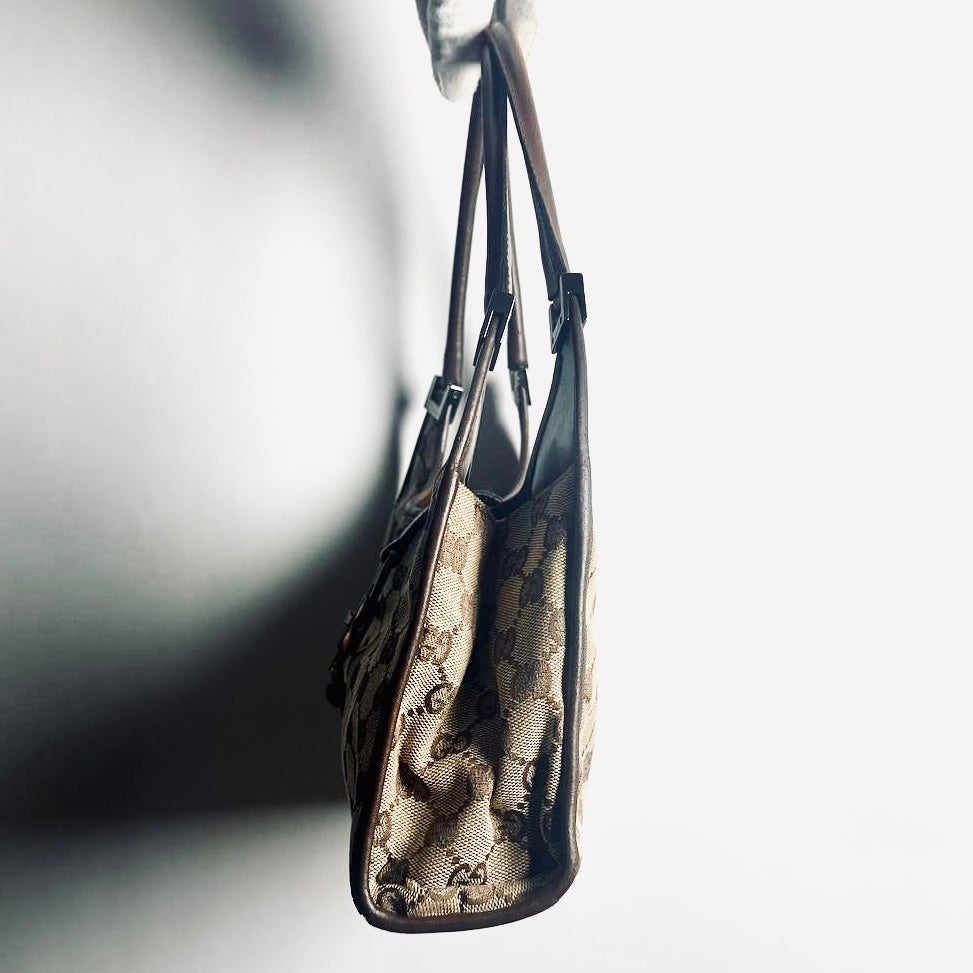Gucci Brown / Beige Jackie GG Monogram Logo Vintage Baguette Hobo Shoulder Bag