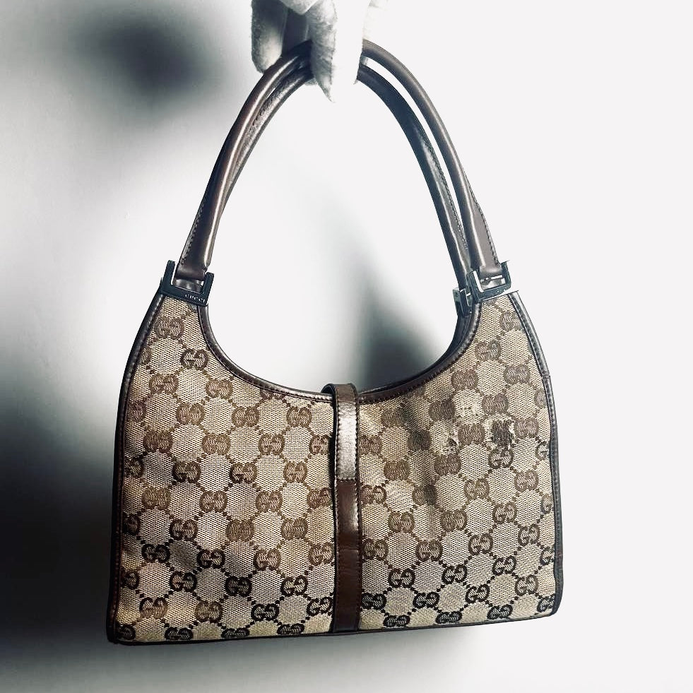 Gucci Brown / Beige Jackie GG Monogram Logo Vintage Baguette Hobo Shoulder Bag