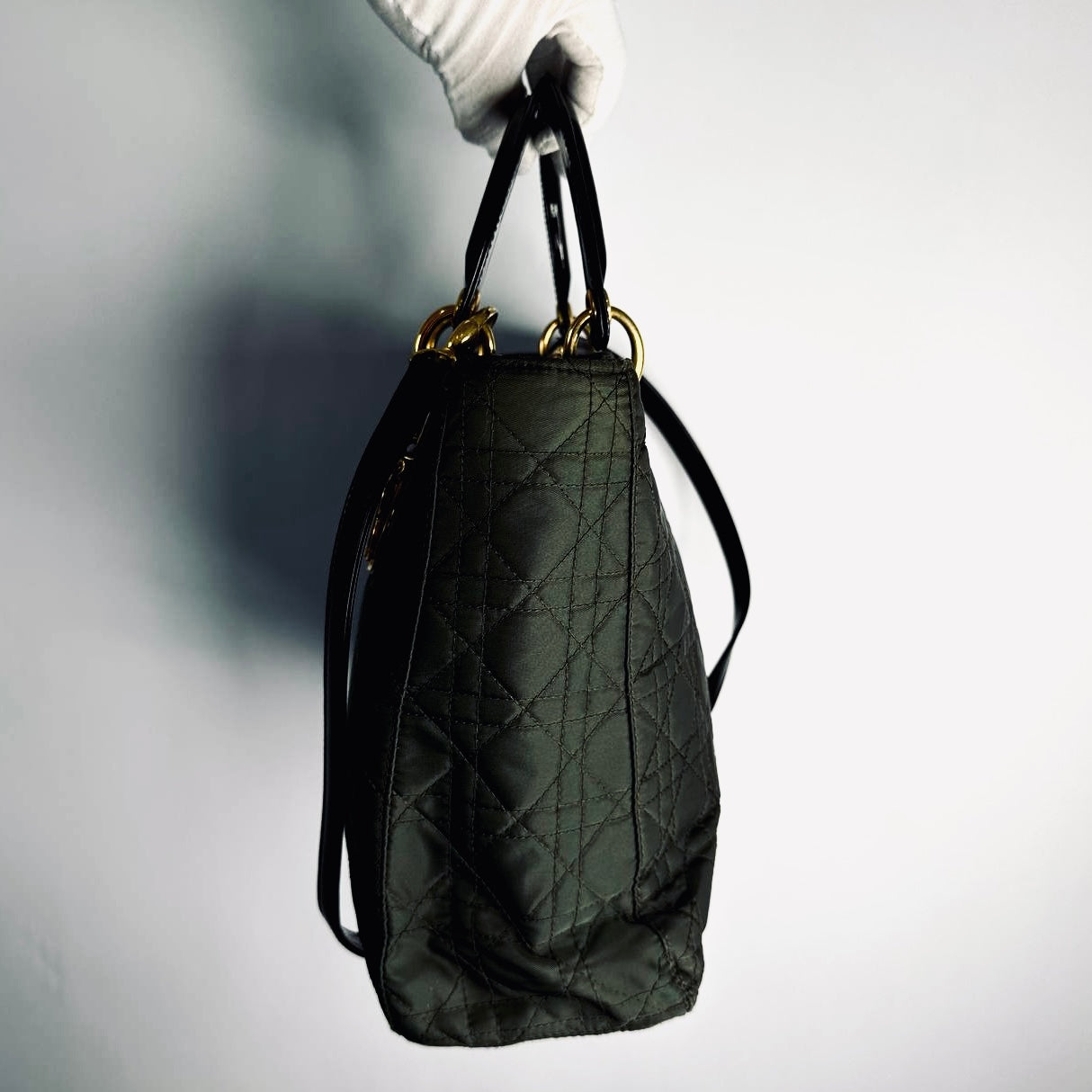 Christian Dior CD Dark Olive / Black GHW Large Lady Dior Cannage Quilted Fabric Monogram Logo 2-Way Top Handle Shoulder Sling Bag