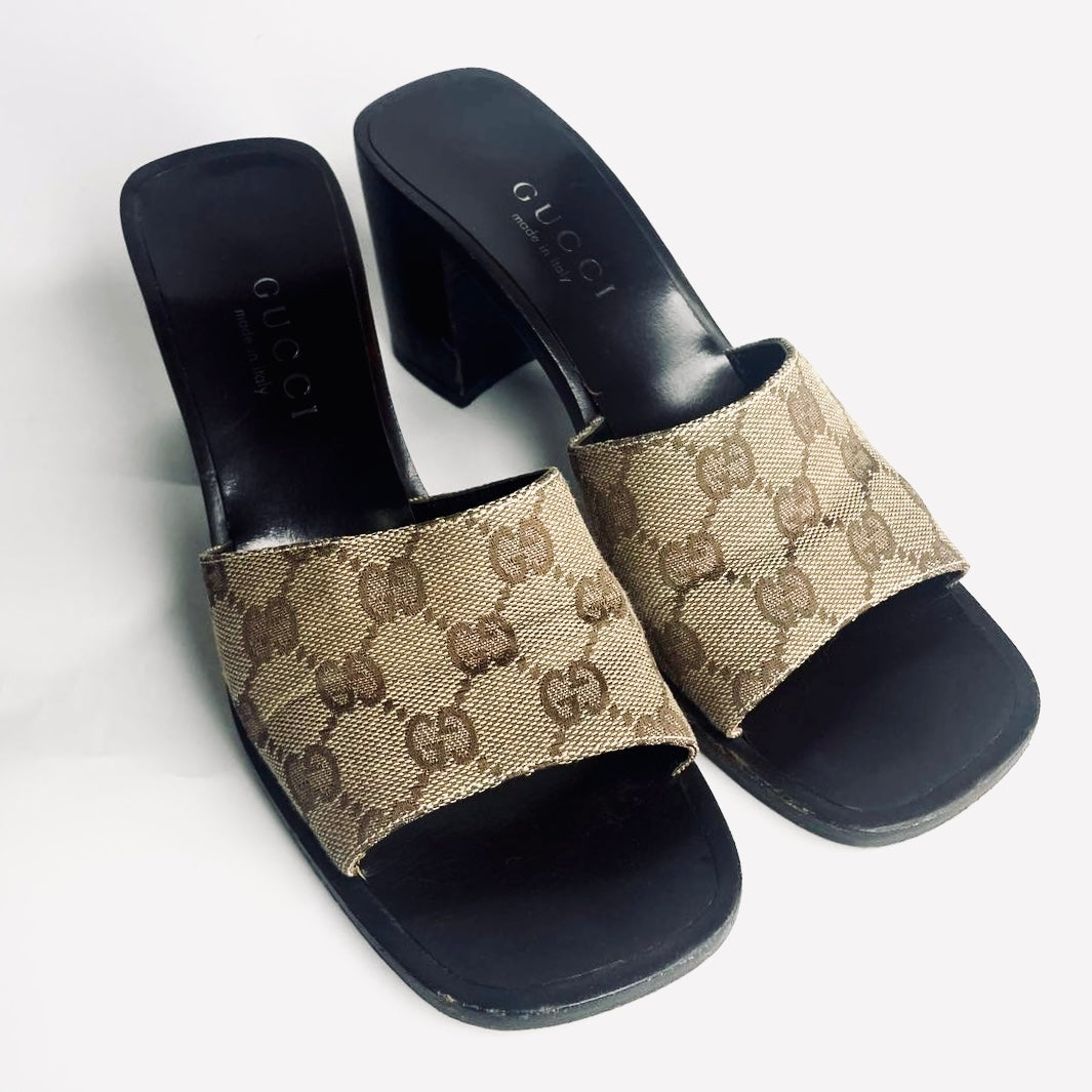 Gucci Beige / Brown Monogram Logo Mules Heels Pumps Platform Sandals Clogs Shoes