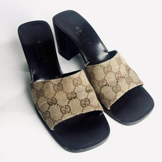 Gucci Beige / Brown Monogram Logo Mules Heels Pumps Platform Sandals Clogs Shoes