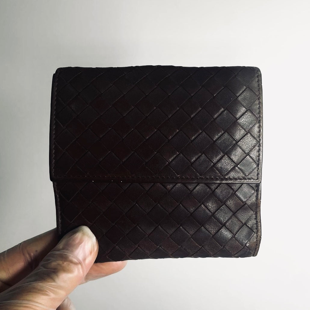 Bottega Veneta BV Dark Brown Continental Intrecciato Nappa Woven Leather Flap Compact Wallet