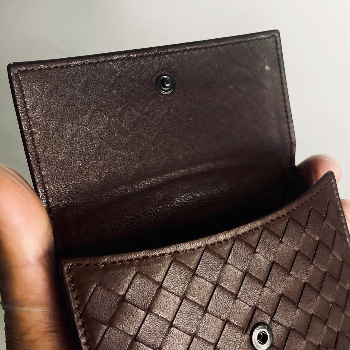 Bottega Veneta BV Dark Brown Continental Intrecciato Nappa Woven Leather Flap Compact Wallet