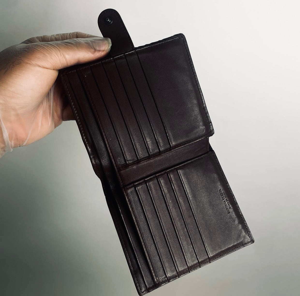 Bottega Veneta BV Dark Brown Continental Intrecciato Nappa Woven Leather Flap Compact Wallet