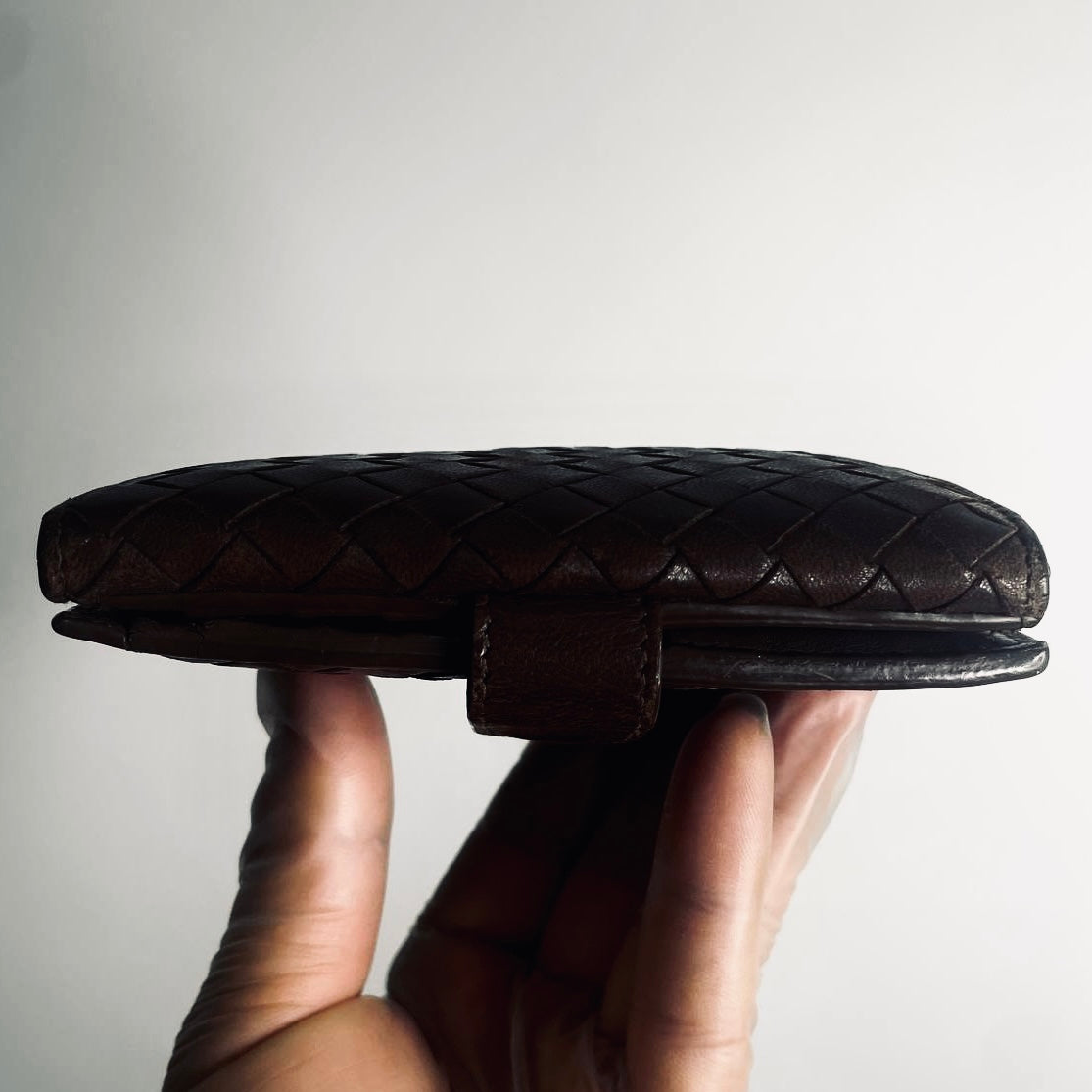 Bottega Veneta BV Dark Brown Continental Intrecciato Nappa Woven Leather Flap Compact Wallet
