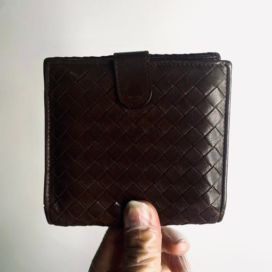 Bottega Veneta BV Dark Brown Continental Intrecciato Nappa Woven Leather Flap Compact Wallet