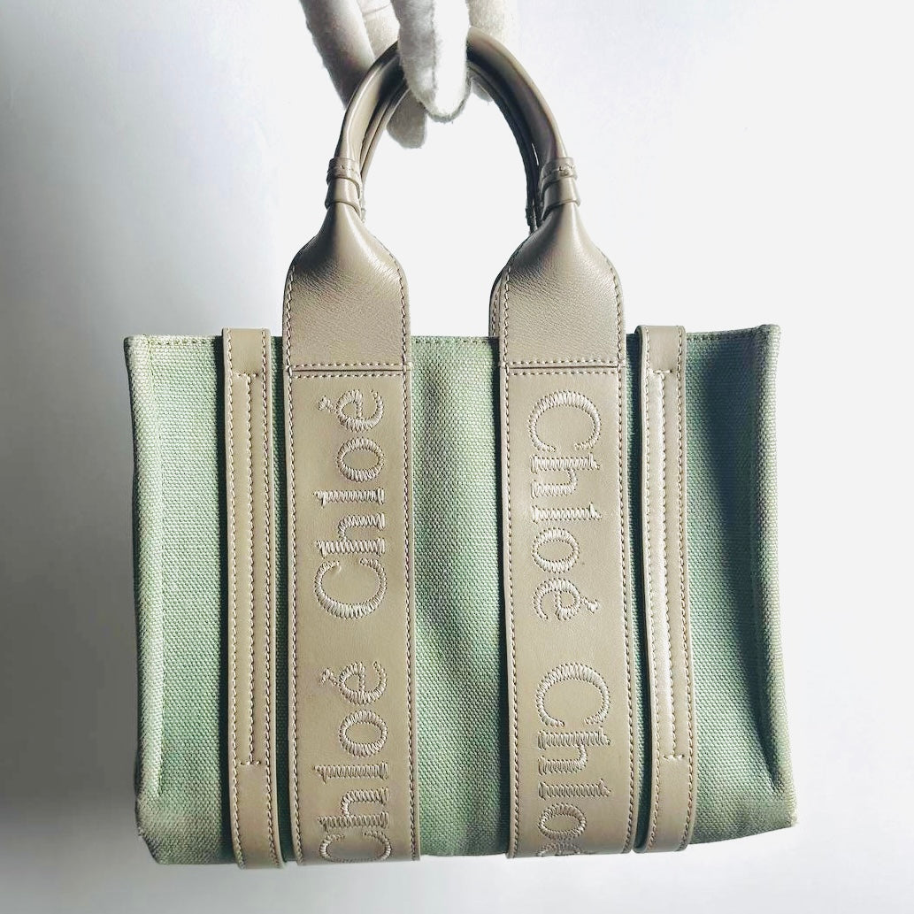 Chloe Woody Sage Green Monogram Logo 2-Way Small Shopper Shoulder Sling Tote Bag