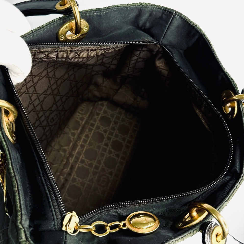 Christian Dior CD Dark Olive / Black GHW Large Lady Dior Cannage Quilted Fabric Monogram Logo 2-Way Top Handle Shoulder Sling Bag